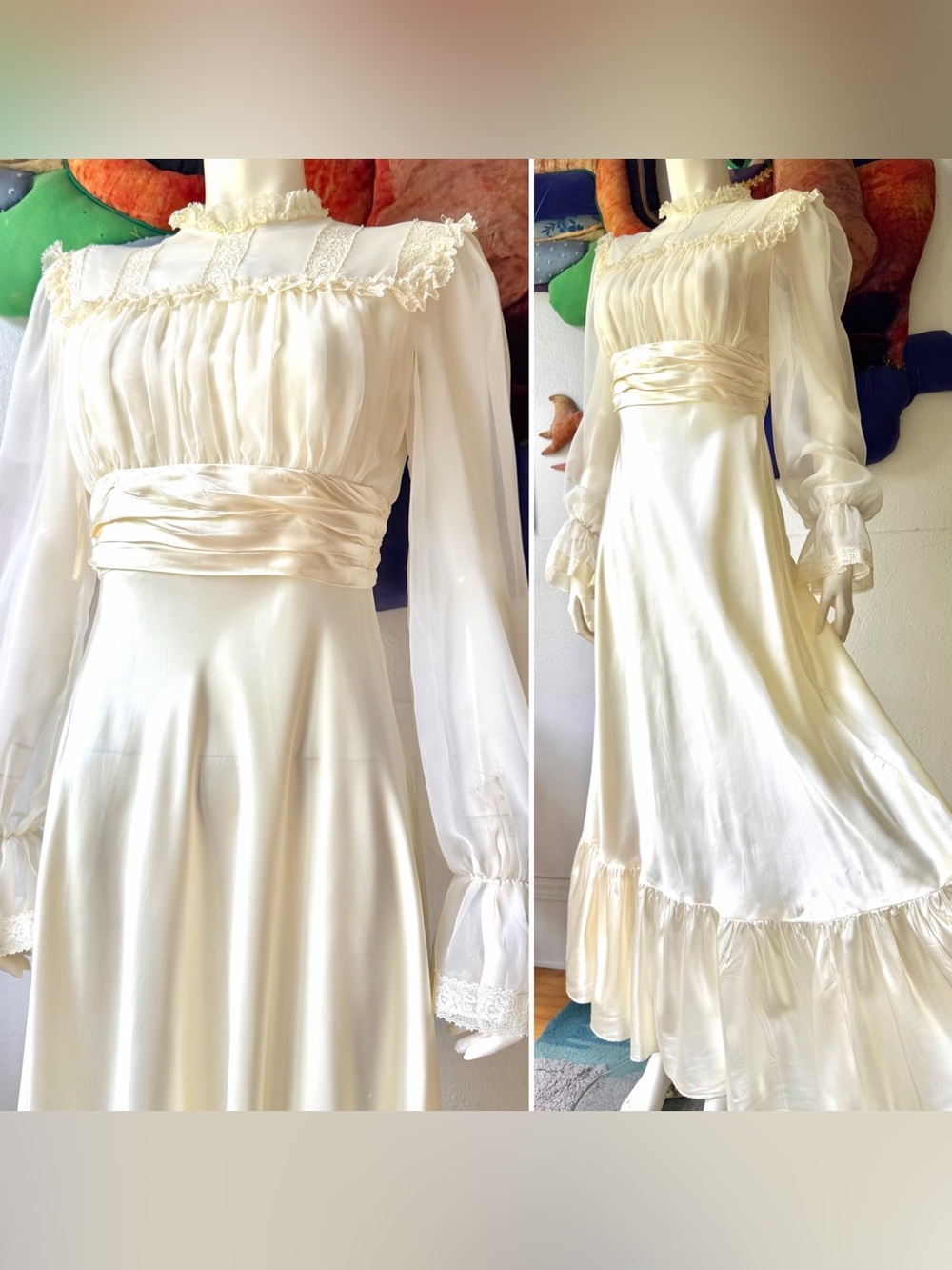 READ!! Vintage LIQUID SATIN GOWN 1970s Wedding Dress ‘Lorrie Deb’ S/M Edwardian